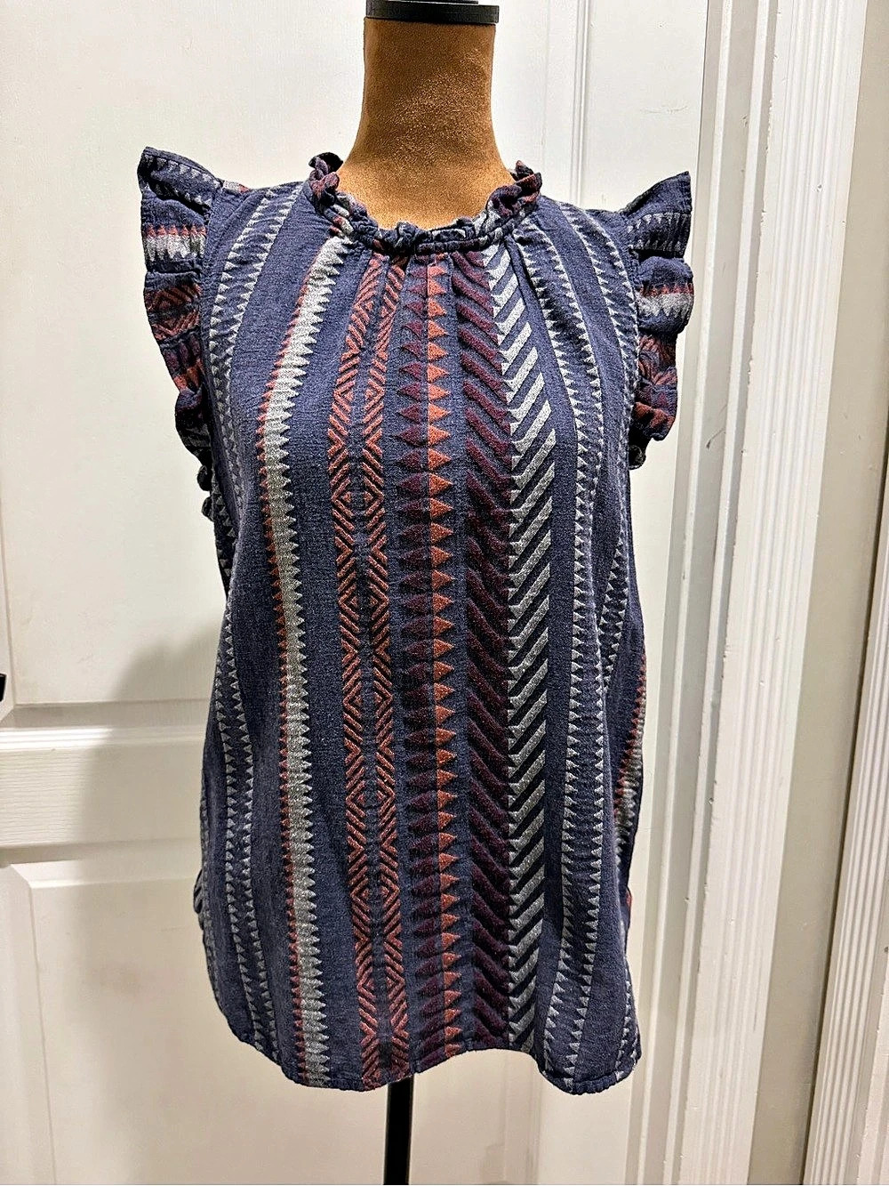 LOFT Geometric Short Sleeve Blouse in Blue & Pink, Size Large